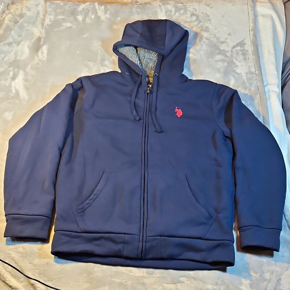 US Polo Assn Blue Full Zip Sherpa Lined Hoodie Logo Pockets Mens L RN#110078